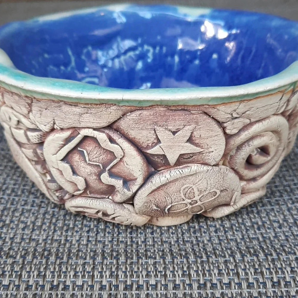 Handmade Clay Stamp Pottery Bowl 7" - Picture 1 of 7